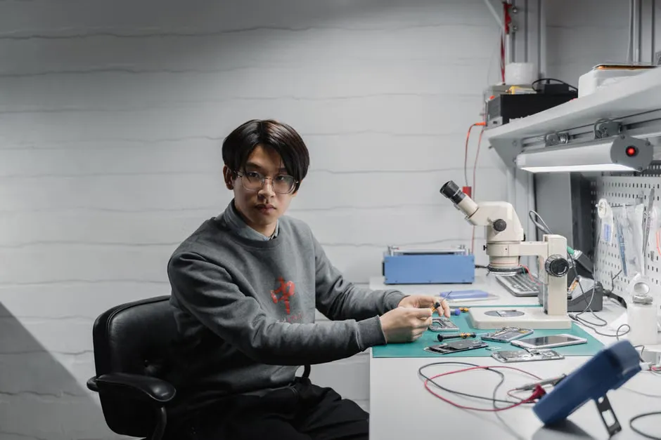Technician working on an office multifunction printer, focused on internal components